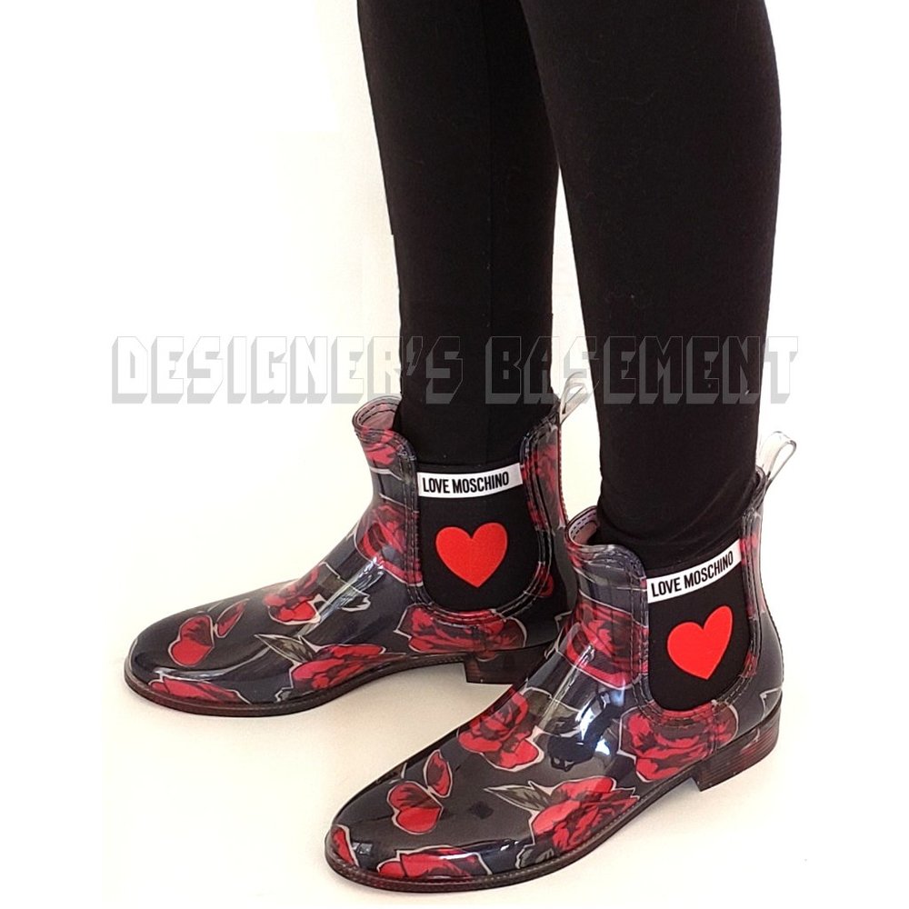 LOVE MOSCHINO rubber 40 - 9US black red ROSES & logo HEART ankle Rain Boots NIB - Picture 5 of 6